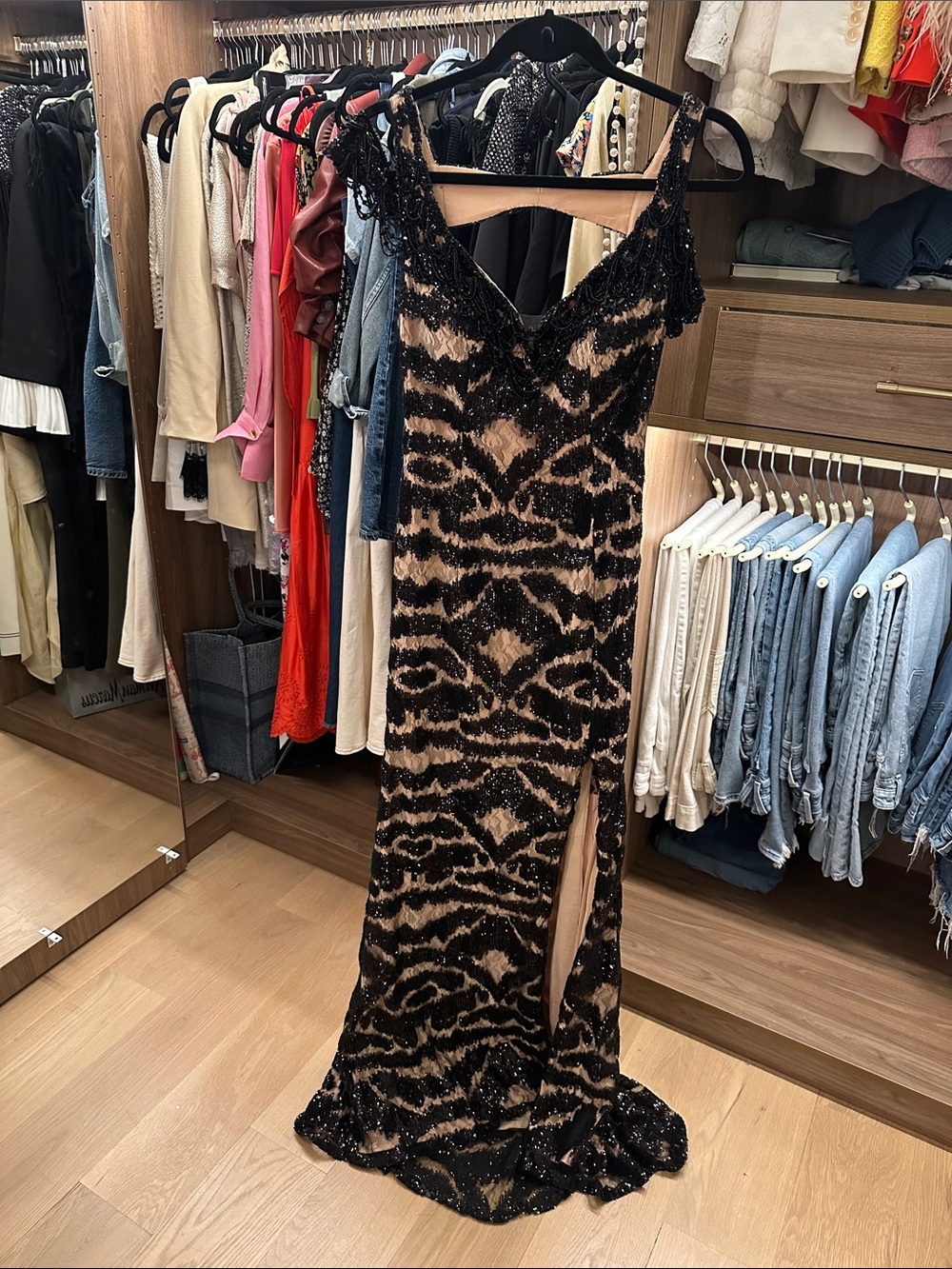 Black Sequin & Nude Illusion Maxi Dress with Thigh Slit and open back